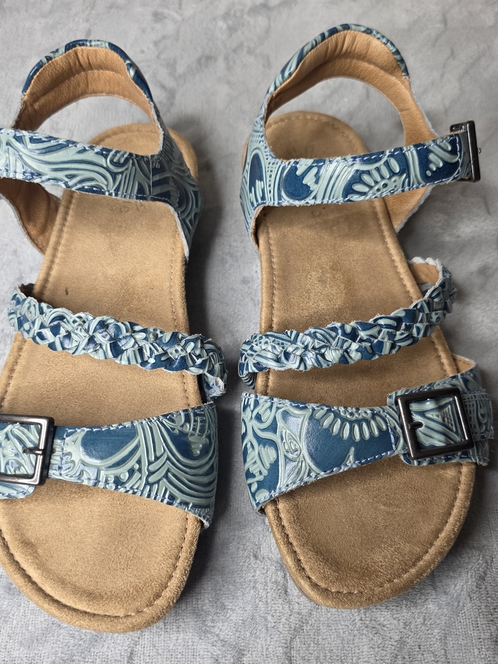 Brioso Solera Floral Sandals Buckle StrapsTooled Leather Blue Womens Sz 10M